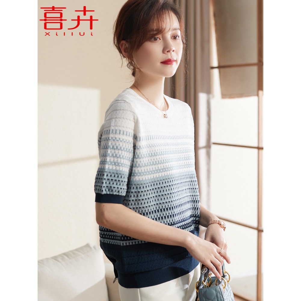 喜卉妈妈夏装洋气针织上衣服中年女装短袖T恤中老年新款大码套装