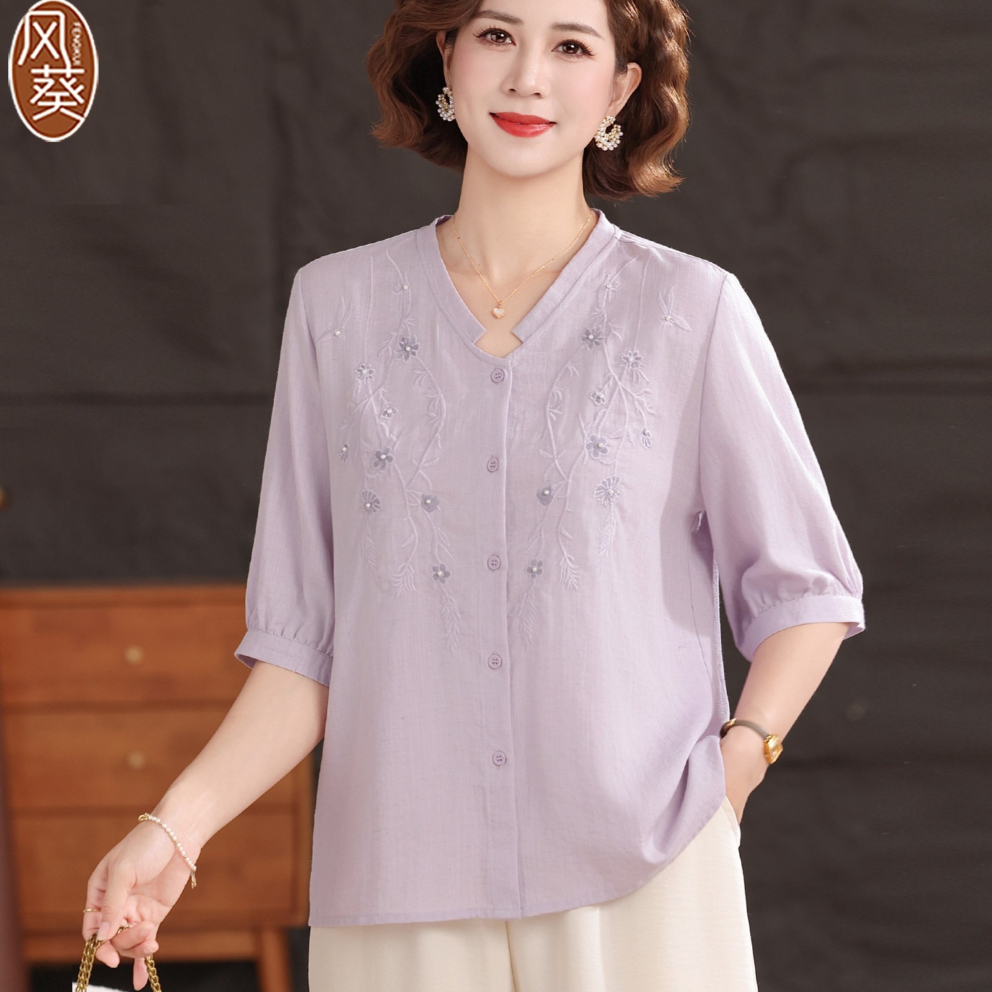 中老年棉麻天丝亚麻上衣女年轻妈妈装套装夏高端新款大码纯色衬衫
