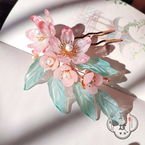粉色仙女桃花梅花发钗甜美