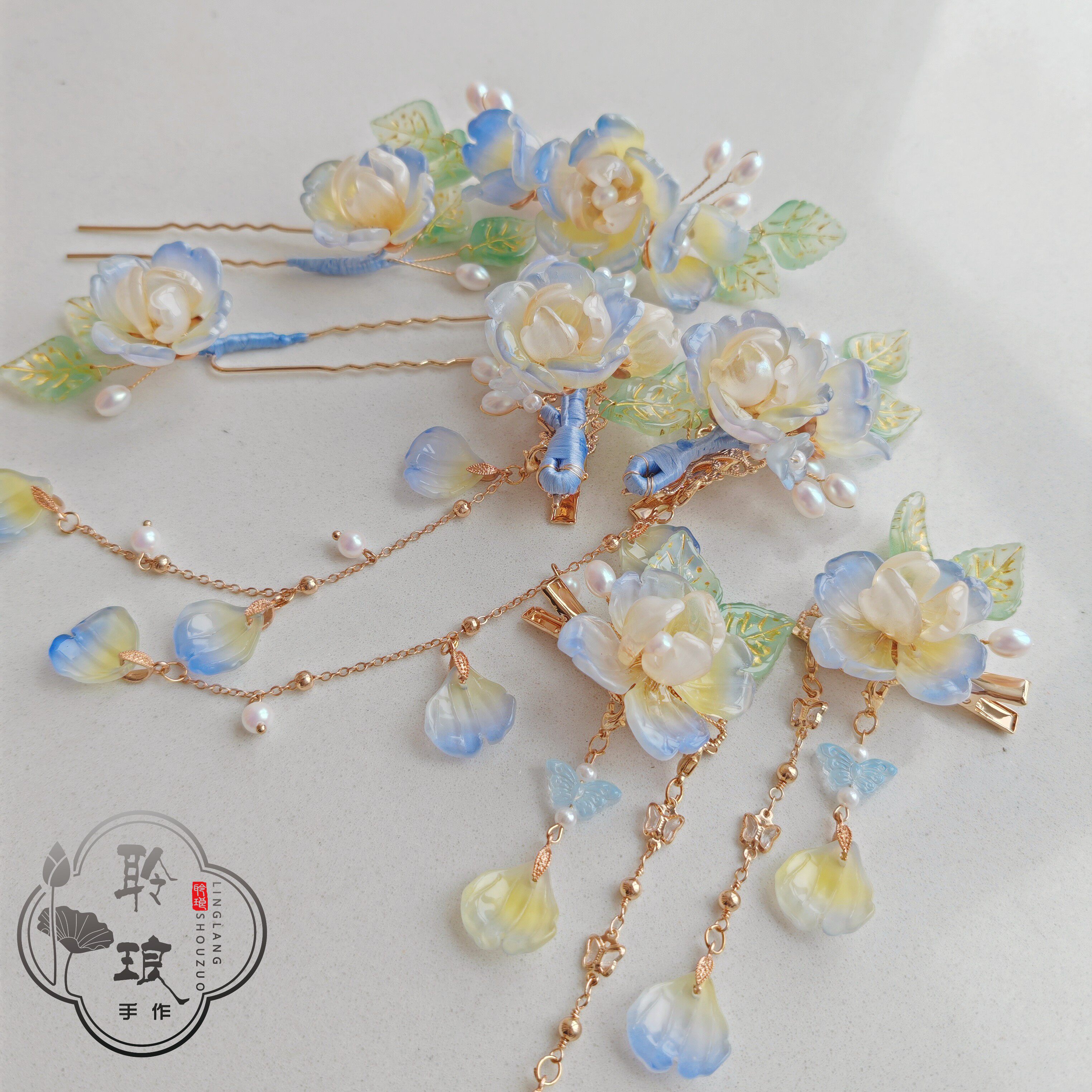 蓝色L妖姬聆琅原创小蓝色玫瑰琉璃发钗发夹流苏套装古风汉服发饰