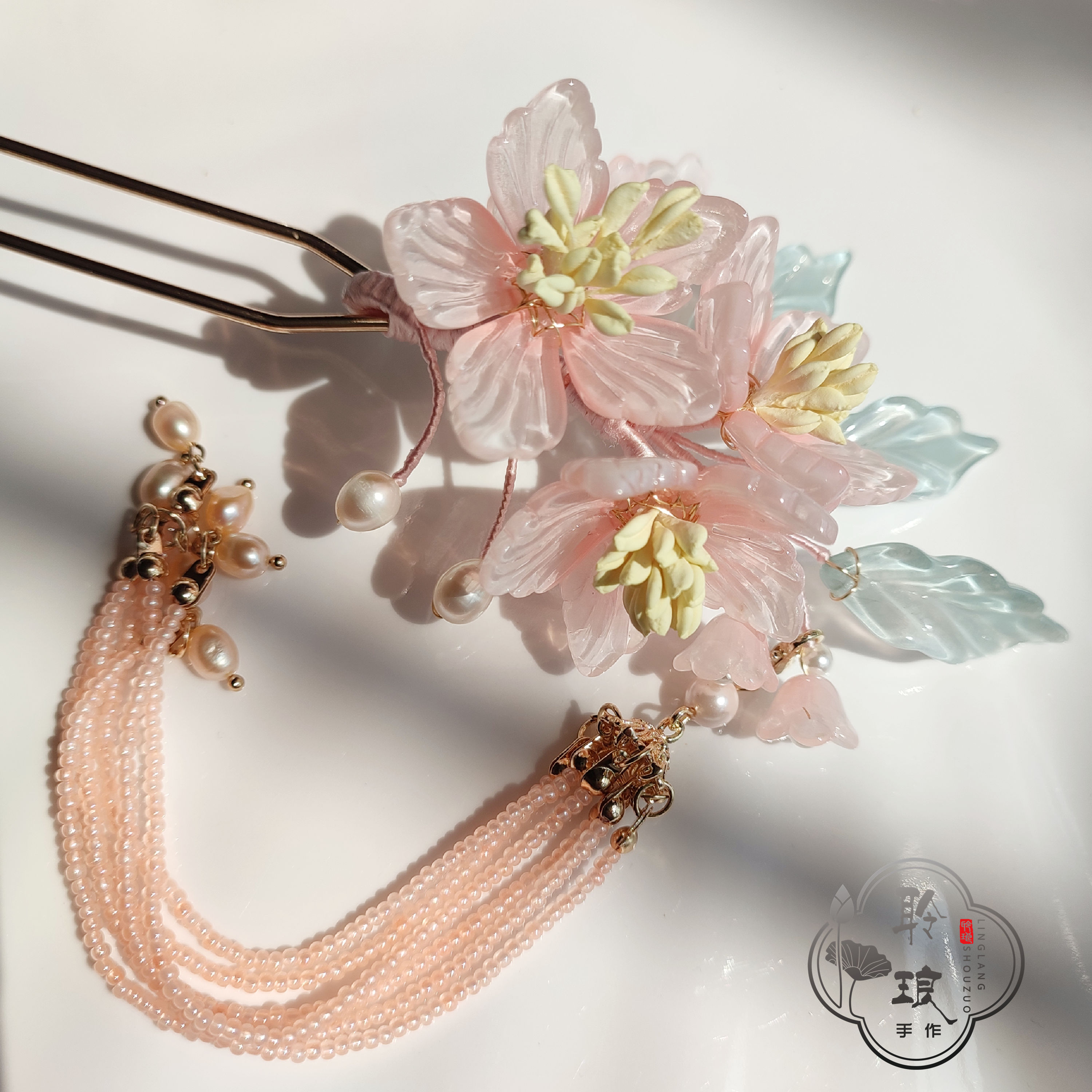 蜜m语聆琅原创铃兰琉璃少女清新粉色流苏发饰套装发钗后压古风