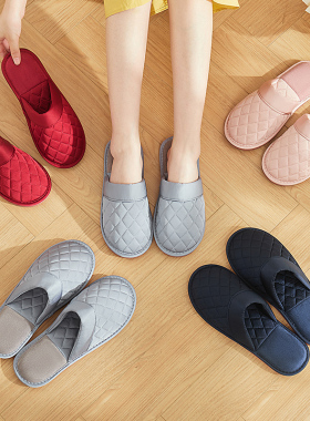 简约复古结婚格子室内包头陪嫁红色家居绸缎情侣拖鞋防滑简约婚庆