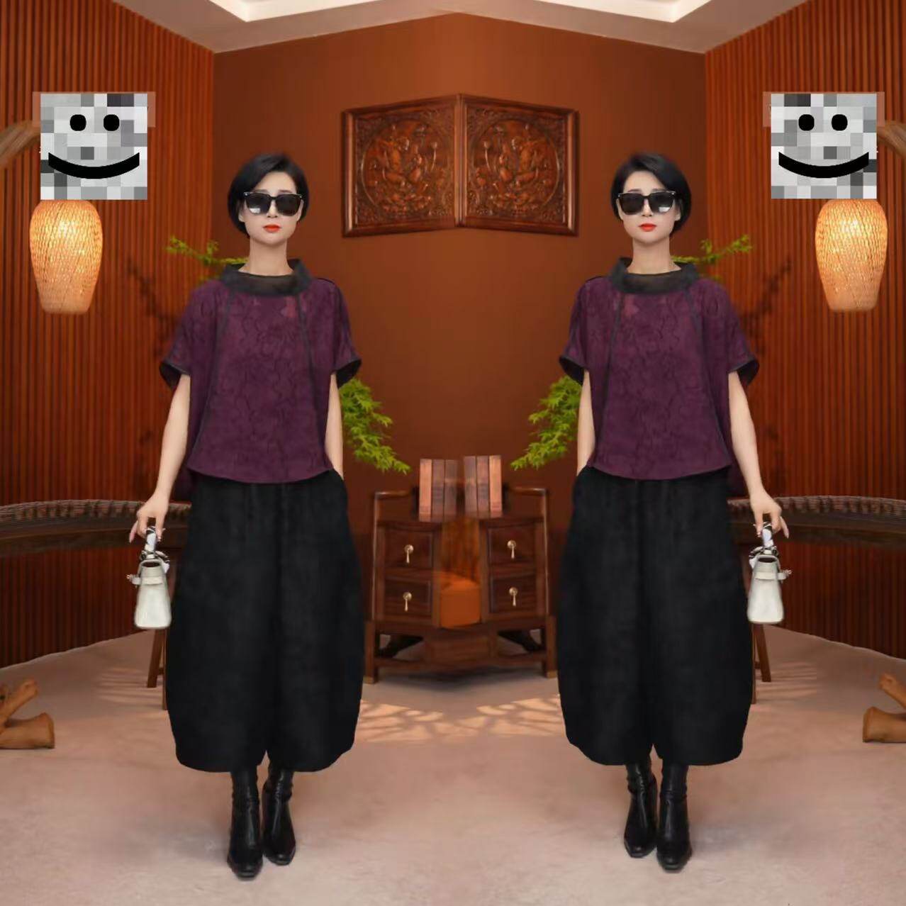 复古民族风套装女夏季新款优雅气质大码宽松上衣+阔腿裤两件套潮