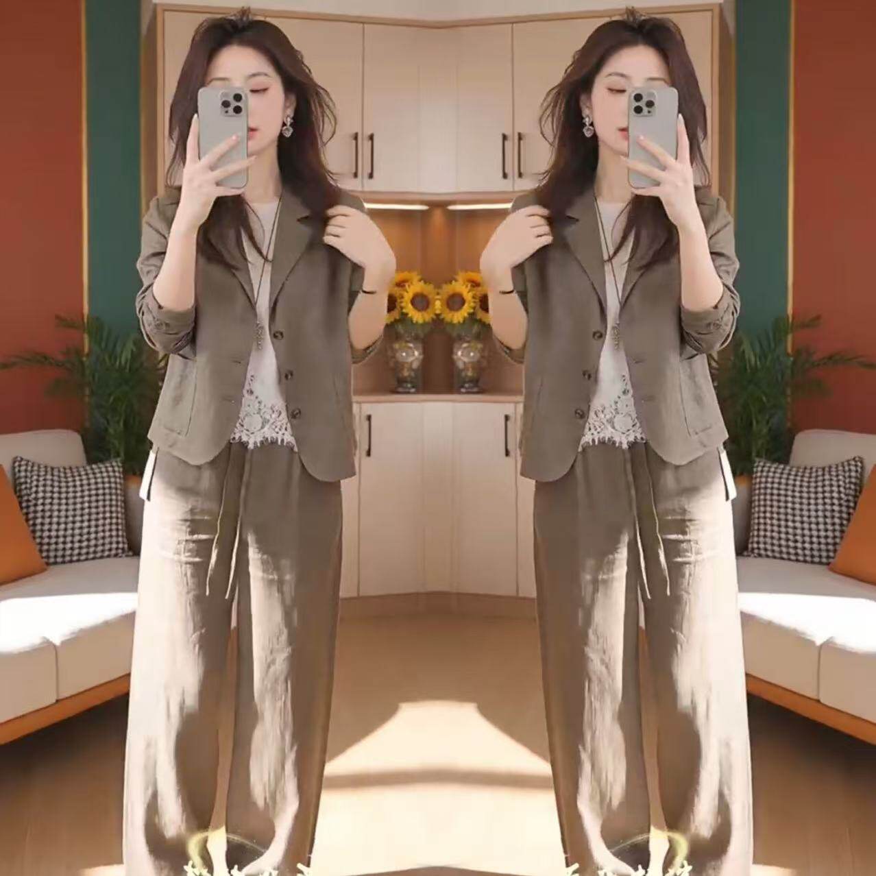 高级感休闲净版时尚套装女2026春季新款薄款西服短外套阔腿裤套装