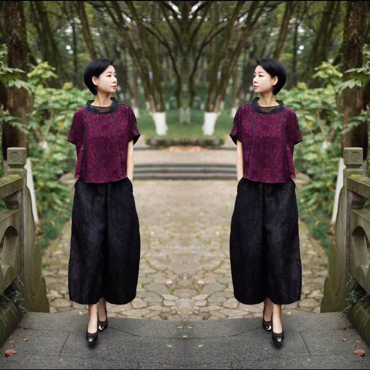 夏季新款女士新中式宽松气质套装时尚拼接圆领上衣扩版裤两件套女