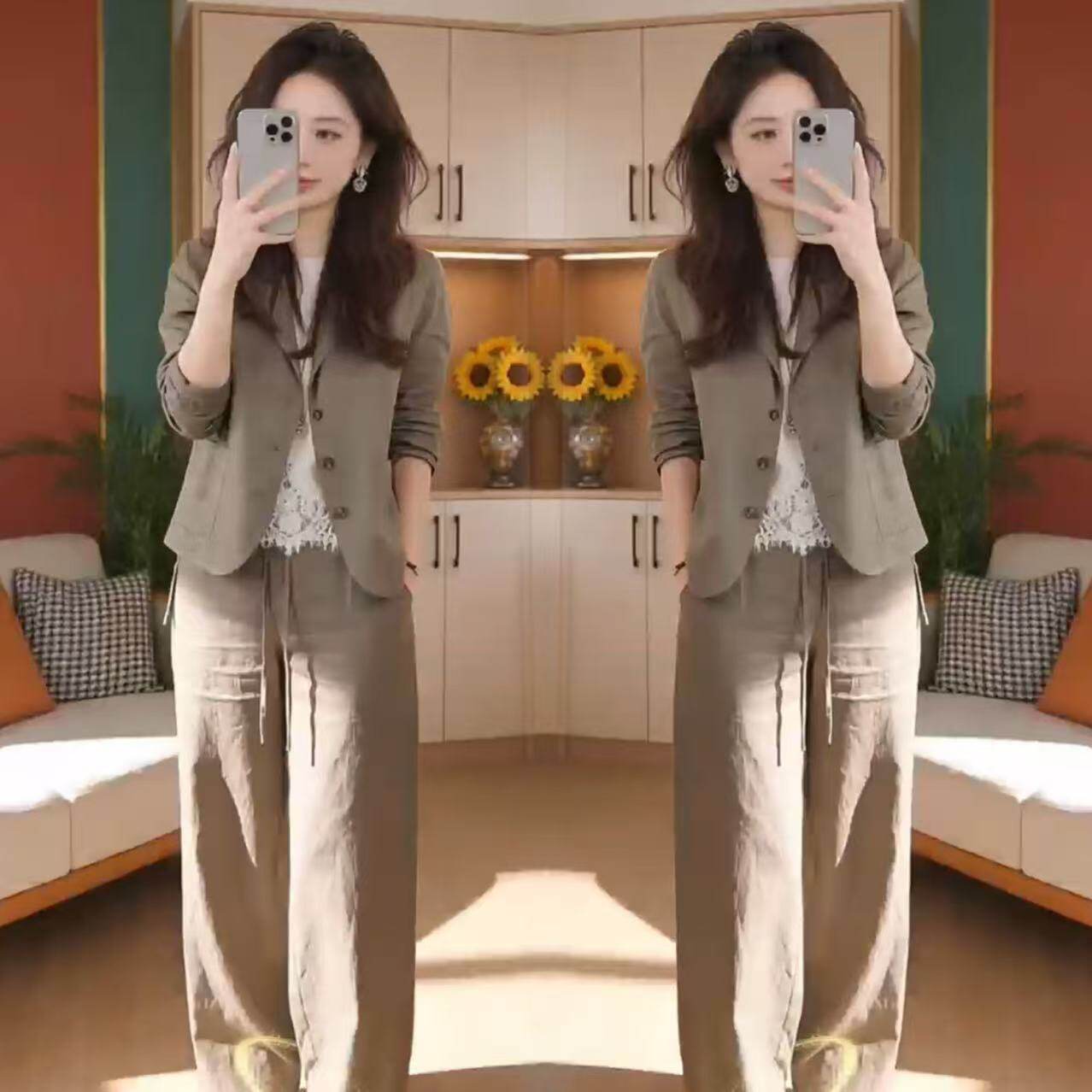 春夏简约女装时尚套装纯色高级感小西服外套上衣阔腿裤两件套穿搭