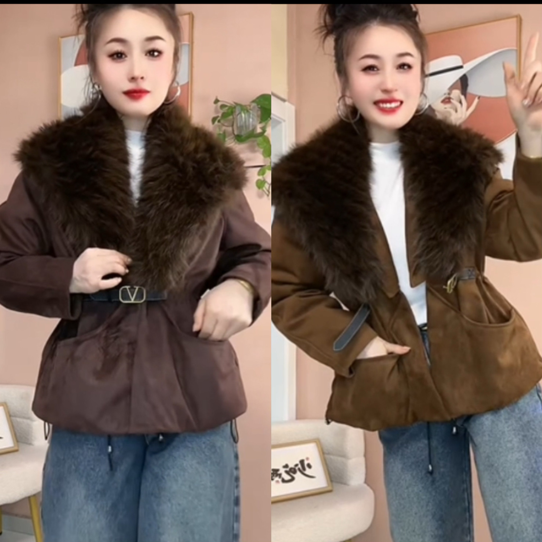 秋冬网红新款时尚鹿皮绒棉服女装高级感大毛领收腰派克服短大衣女