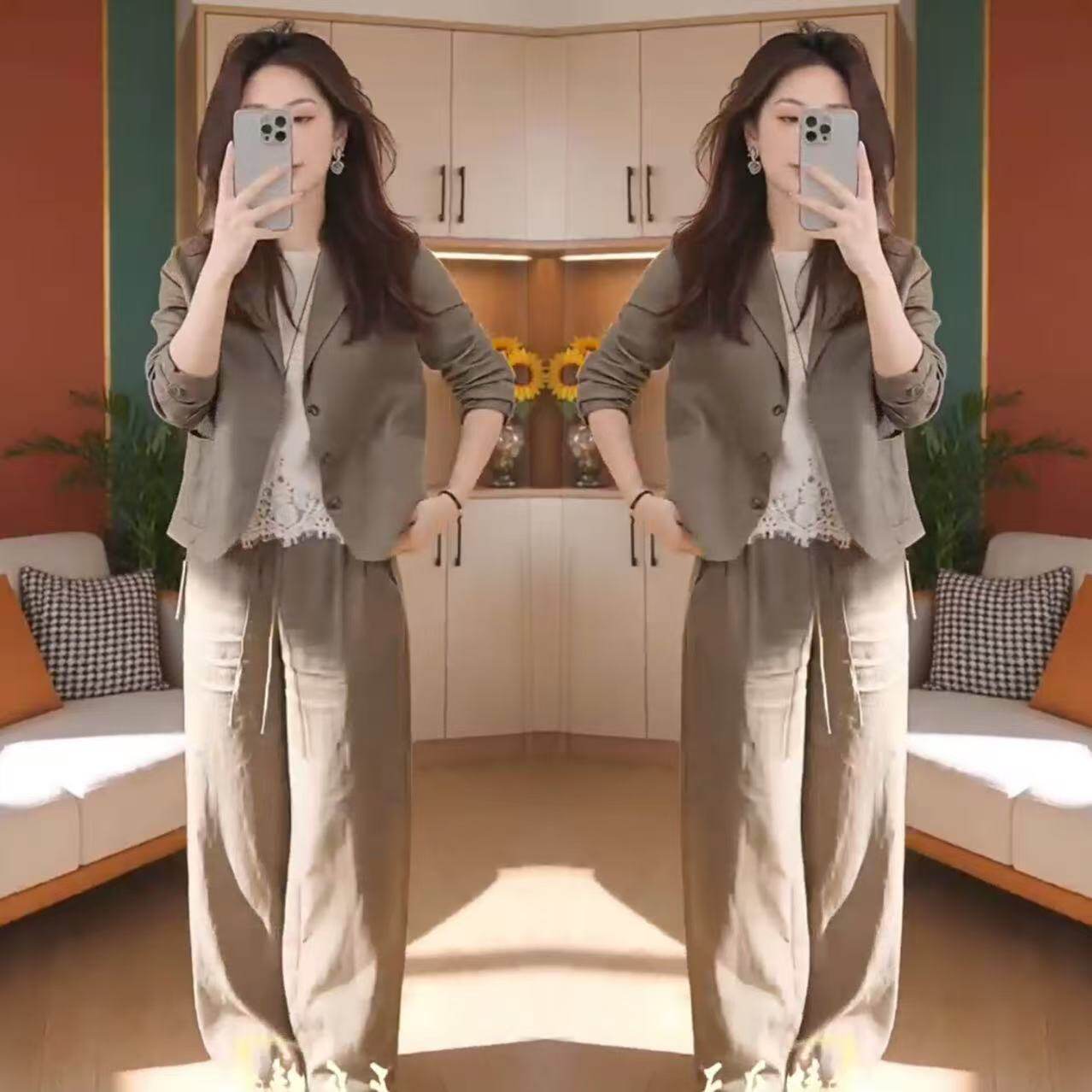 简约春夏女装穿搭时尚套装纯色高级感小西服外套上衣阔腿裤两件套