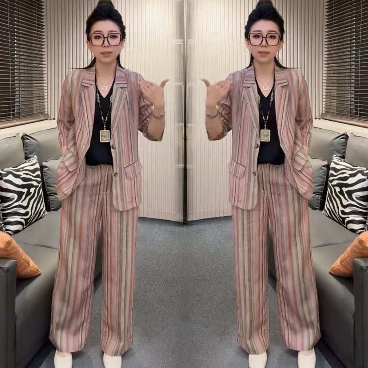 2026春夏新款女装韩版时尚百搭气质设计感条纹西服外套+裤子套装
