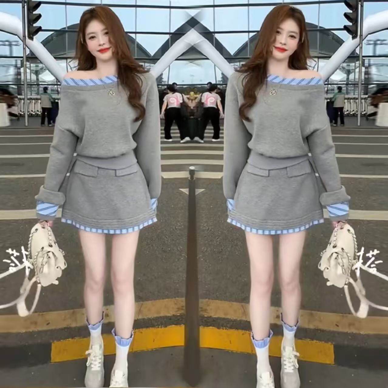 春夏网红新款女装休闲灰色卫衣套装女辣妹露肩拼接显瘦上衣+裤裙