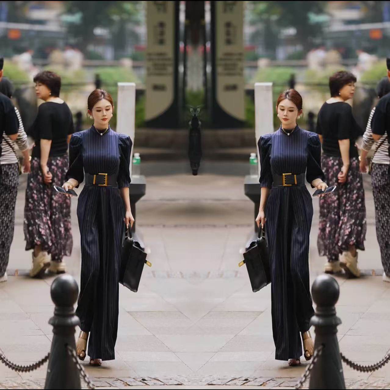 2025夏新款时尚显瘦高端气质御姐风轻奢泡泡袖条纹高腰连体裤女,女装/女士精品,连体衣/裤,淘宝优惠券,粉丝福利购,淘宝优惠卷