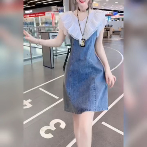 夏季新款牛仔连衣裙时尚V领拼接飞边马甲裙减龄洋气女装显瘦A字裙