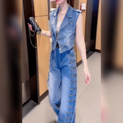 牛仔套装复古女装2026无袖新款马甲两件套阔腿裤水洗牛仔洋气套装