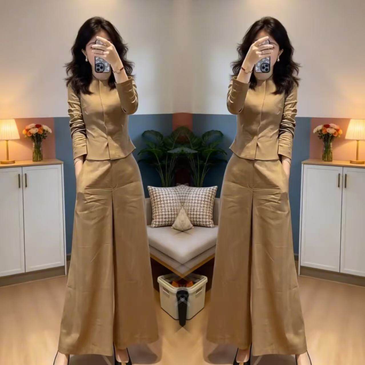 早春新款女装时尚简约纯色套装职业装高级气质长袖修身上衣阔腿裤