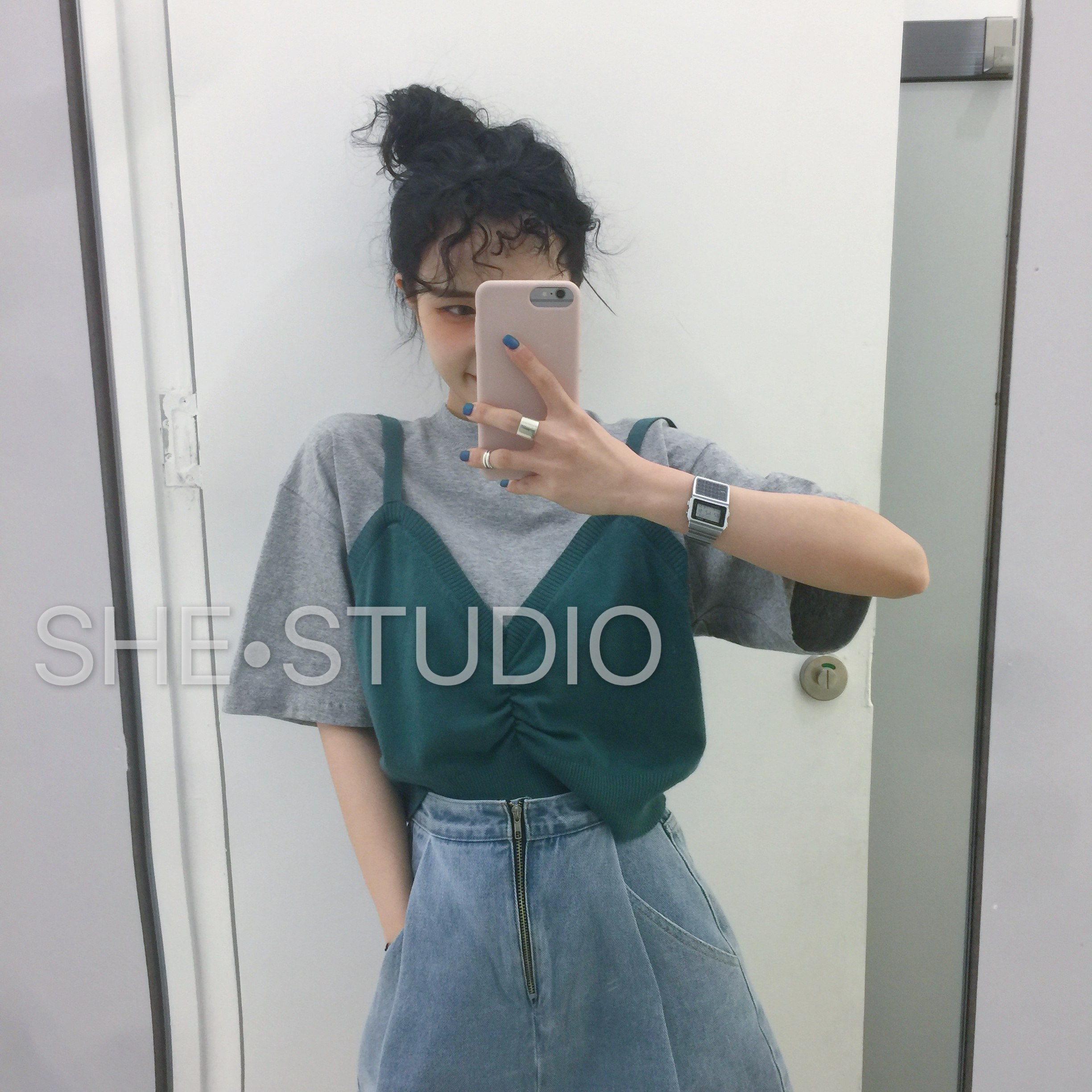 2020/s&she春季新款韩版针织T恤吊带假两件宽松小众设计感短袖t恤