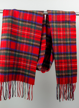 苏格兰红绿色条纹格羊毛情侣男女通用秋冬保暖流苏长围巾