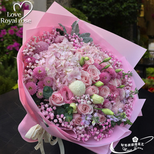 杭州鲜花速递同城玫瑰花绣球桔梗花混搭花束生日花店订花送花爱人