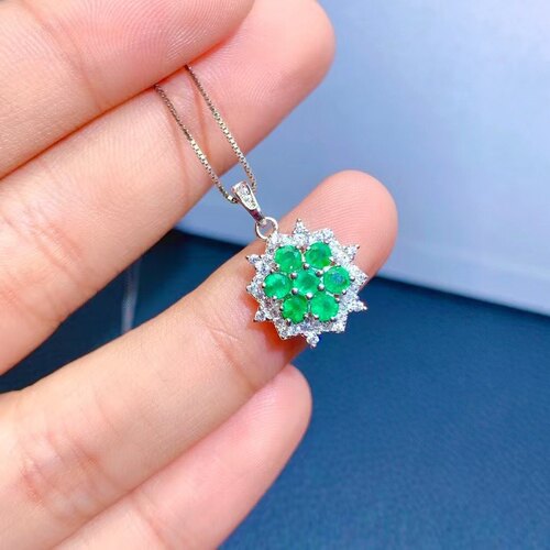新款特惠925银天然祖母绿吊坠 石尺寸3*3Mm繁华拥簇