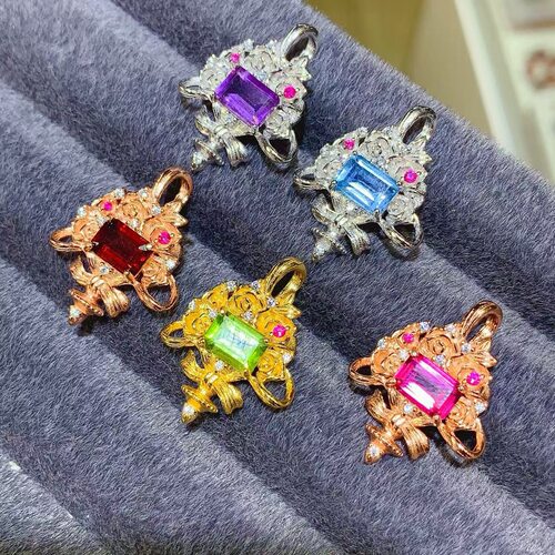 新款天然蓝托帕吊坠925银镀金镶嵌方5*7mm石榴石紫水晶粉托帕吊坠