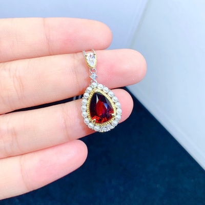 S925银镶石榴石吊坠 石尺寸7*10水滴MM特惠精致时尚红色宝石吊坠