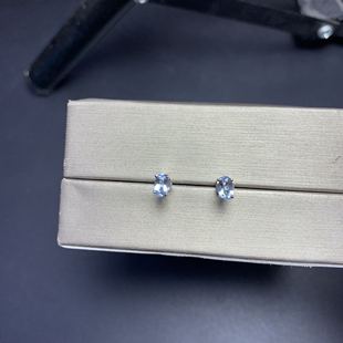 925银天然海蓝宝耳钉 四爪镶嵌3*5Mm 小巧可爱精致耳钉