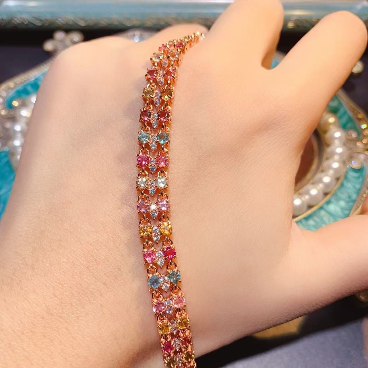 新款天然糖果色碧玺手链925银镀金镶嵌 主石3*3MM双排满链手链