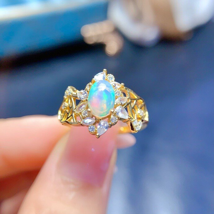 天然炫彩欧泊戒指 主石尺寸5*7mm特惠 精工925银镶嵌  活口戒指