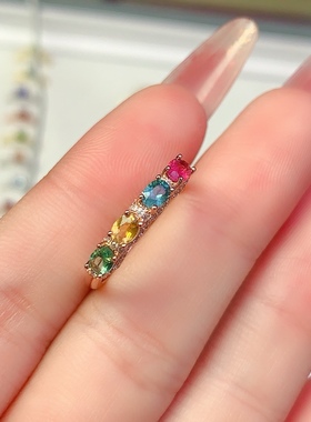 天然糖果色碧玺戒指 金镶成色 高净度 主石3*4mm925银镀金开口戒