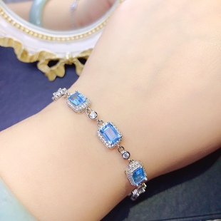 新款天然蓝托帕石手链 主石方5*7mm925银精工镶嵌公主方手链