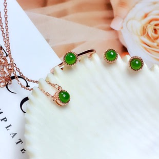 天然和田碧玉套装主石尺寸4*4mm戒指项链耳钉925银镀白金玫瑰金