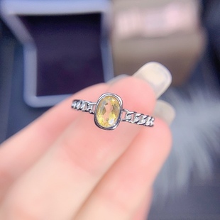 新款天然黄水晶戒指 主石4*6mm925银精工镶开口黄晶戒指