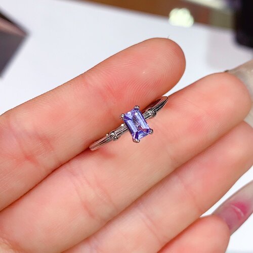 新款天然坦桑石戒指 精工品质 主石方4*6mm925银精工镶嵌开口戒指