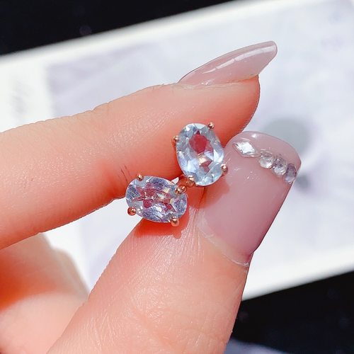 新款天然海蓝宝耳钉925银镀金镶嵌时尚百搭耳钉主石5*7MM小众设计