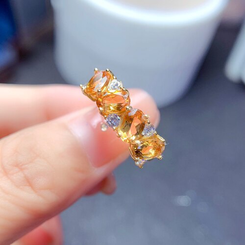 新款天然黄水晶戒指 石尺寸4*6mm开口戒指925银镀金镶嵌