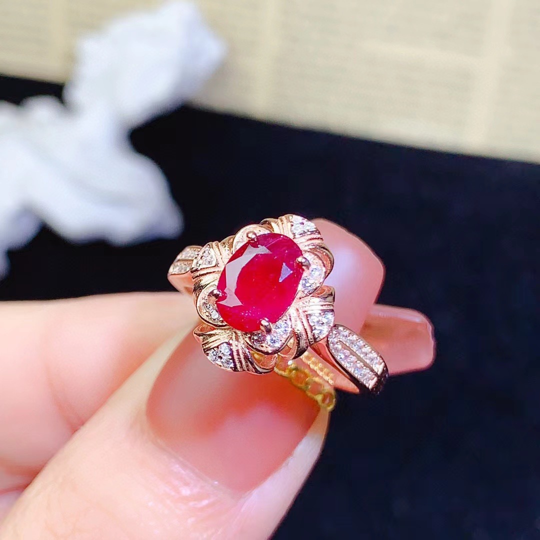 天然缅甸红宝石戒指 石6*8mm特惠 精工925银镶嵌 开口戒指