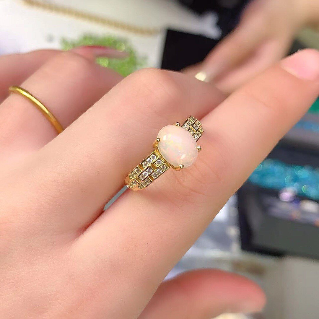 新款天然白欧泊戒指925银精工镶嵌 主石7*9mm特惠 活口戒指
