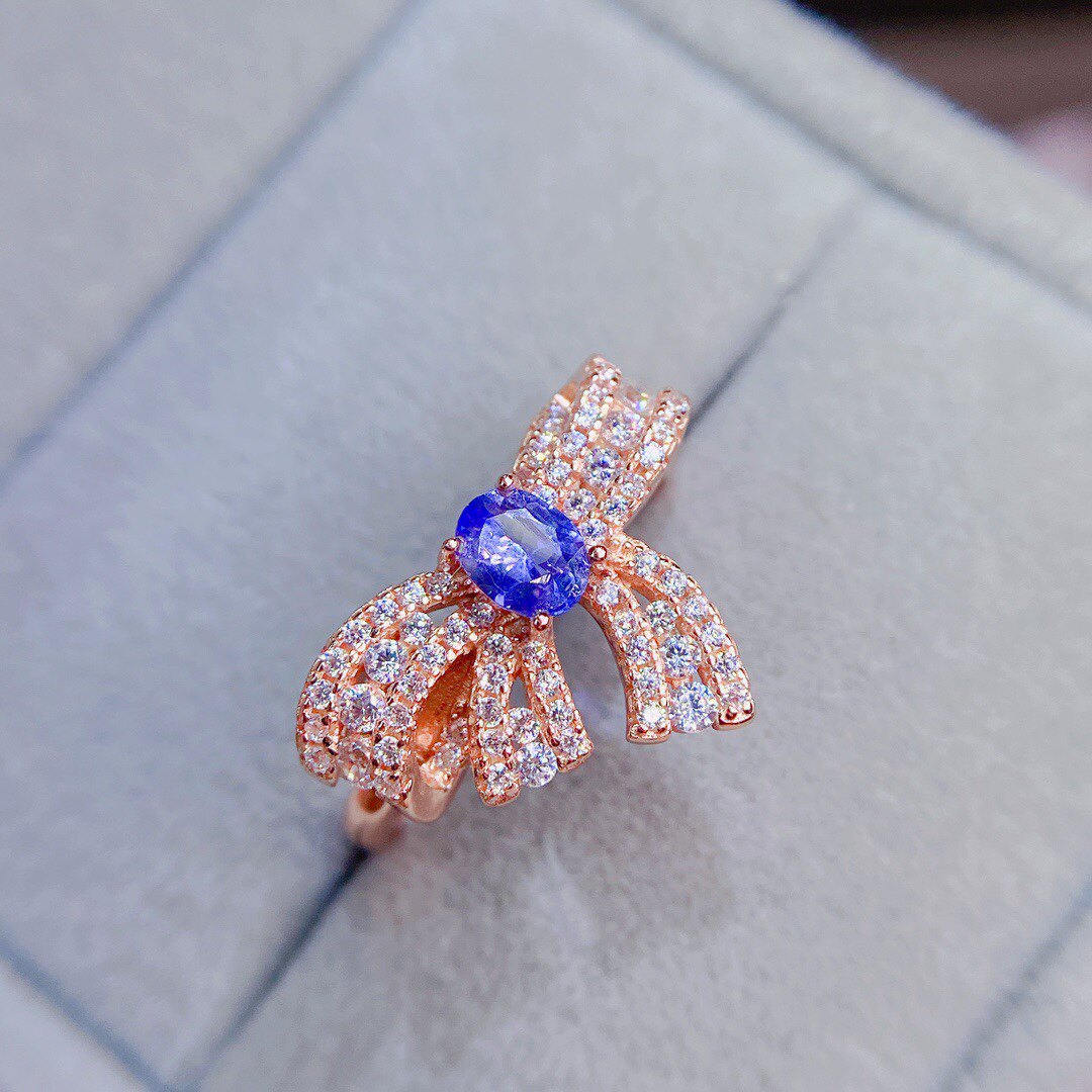 天然坦桑石戒指925银镀玫瑰金4*6mm蝴蝶结戒指生日礼物个性指环