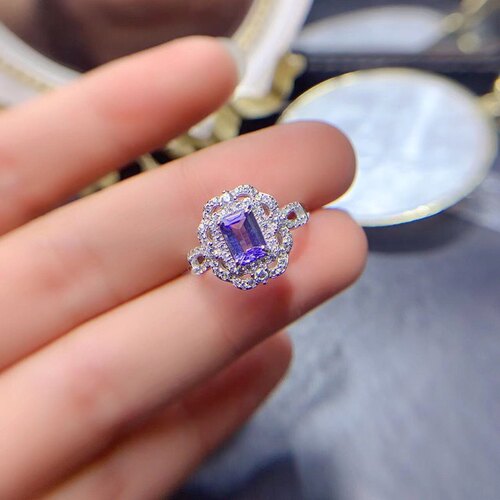 新款天然坦桑石戒指 方5*7MM925银K金工艺精工镶嵌开口戒指