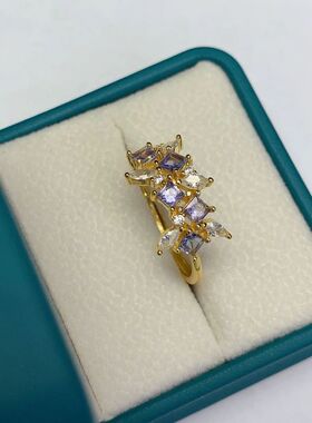 天然坦桑石戒指925银镀金镶嵌 主石方3*3MM精工品质 活口戒指