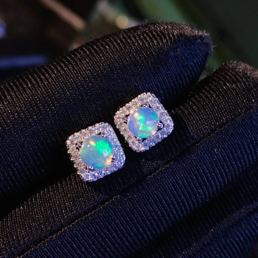 欧泊耳钉925银精工镶嵌主石圆5*5mm天然欧泊支持检测