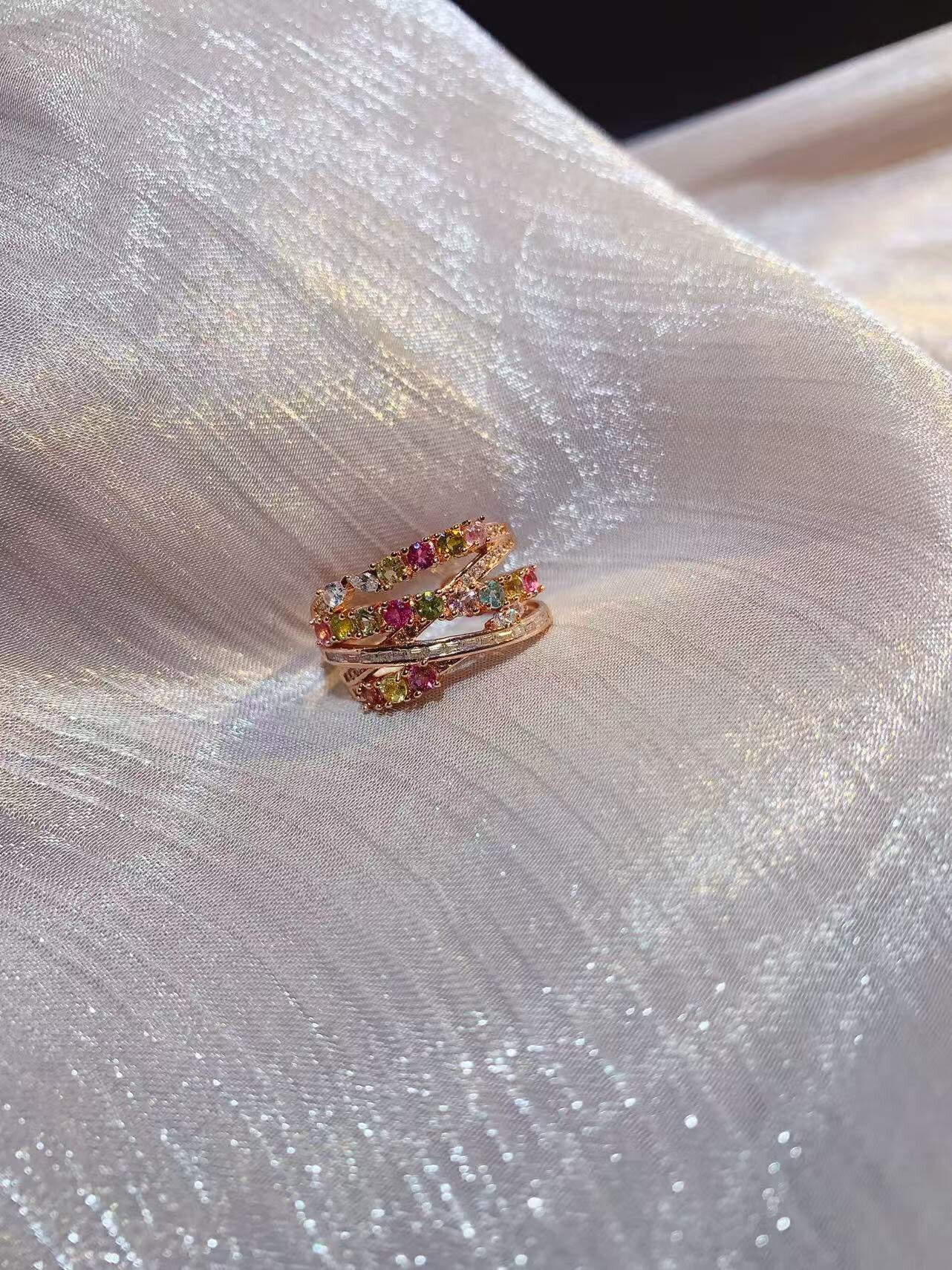 天然糖果色碧玺戒指925银镀金镶嵌主石2.5MM时尚彩宝活口戒指