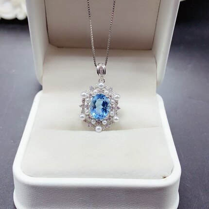 新款天然蓝托帕石吊坠 石7*9mm925银镀金精工镶嵌时尚宝石吊坠