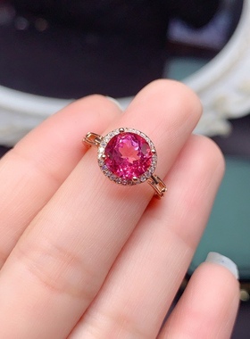 新款天然粉托帕石戒指 石尺寸圆8*8mm开口戒指925银镀金