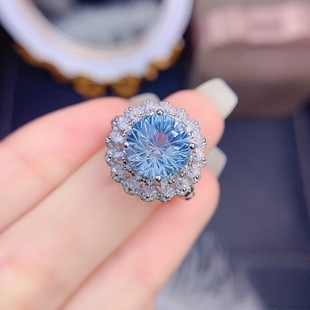 新款天然天空蓝托帕石戒指 雪花烟花切工主石10mm，925银精工镶嵌