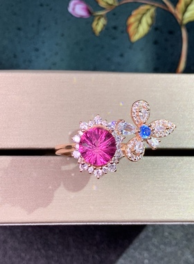 新款特惠天然烟花粉托帕石戒指925银镀玫瑰金开口调节8*8MM精致女