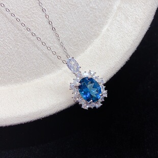 s925银镶天然伦敦蓝托帕石吊坠 主石8*10MM轻奢款 无项链