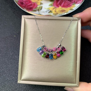 新款小清新四爪吊坠925银镶红色宝石吊坠石榴石蓝托帕石吊坠4*6