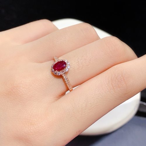 新款天然鸽血红宝石戒指女款活口戒指925银镀金女戒4*6MM