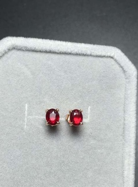 花心美饰925银镀玫瑰金天然鸽血红红宝石耳钉 4*5mm鸽血红耳钉