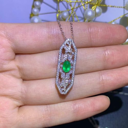 925银镶天然祖母绿吊坠胸针石4*6mm特惠祖母绿吊坠 不带链 两用款